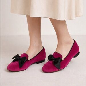Christian Louboutin Gine Fuchsia pink Velvet Loafers moccasins Black Bow 34.5
